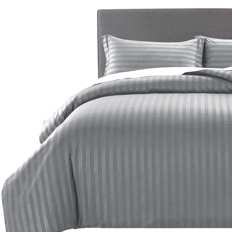 طقم لحاف سوبر كينج MOONLIGHT20015 مع خطوط عكسية من الساتان مع 2 غطاء وسادة ناعم مضاد للحساسية لون رمادي 260x220