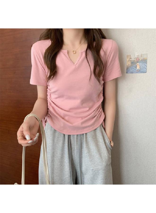 Design Sense V-neck Drawstring Slim-fit Short-sleeved T-shirt Women's Summer New Solid Color Student Top Trendy 