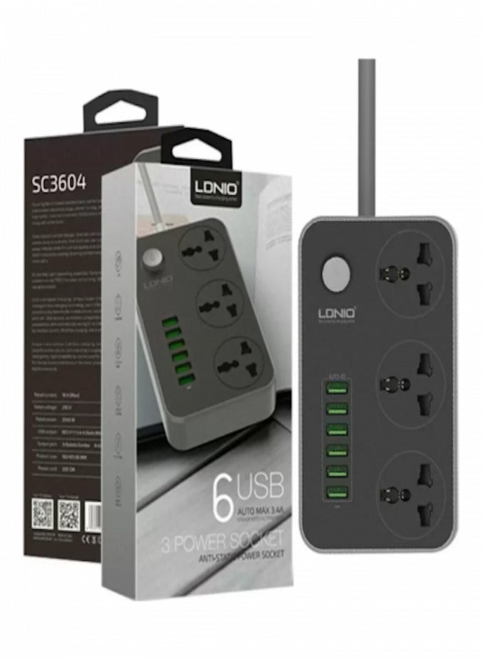 LDNIO - LDNIO SC3604 Power Strip with 3 Sockets & 6 USB Ports 9 Socket Extension Boards  (Black, 2 m, With USB Port) - Image 1