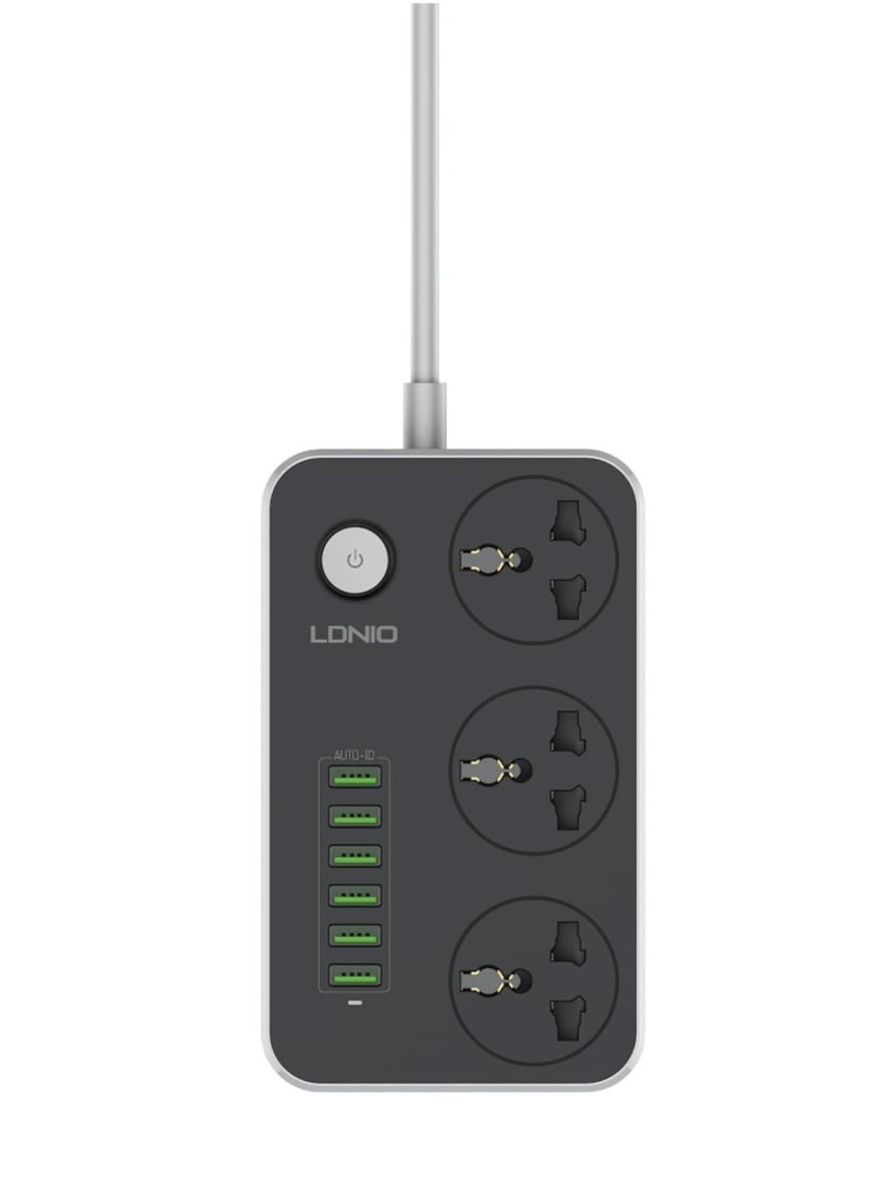 LDNIO - LDNIO SC3604 Power Strip with 3 Sockets & 6 USB Ports 9 Socket Extension Boards  (Black, 2 m, With USB Port) - Image 1