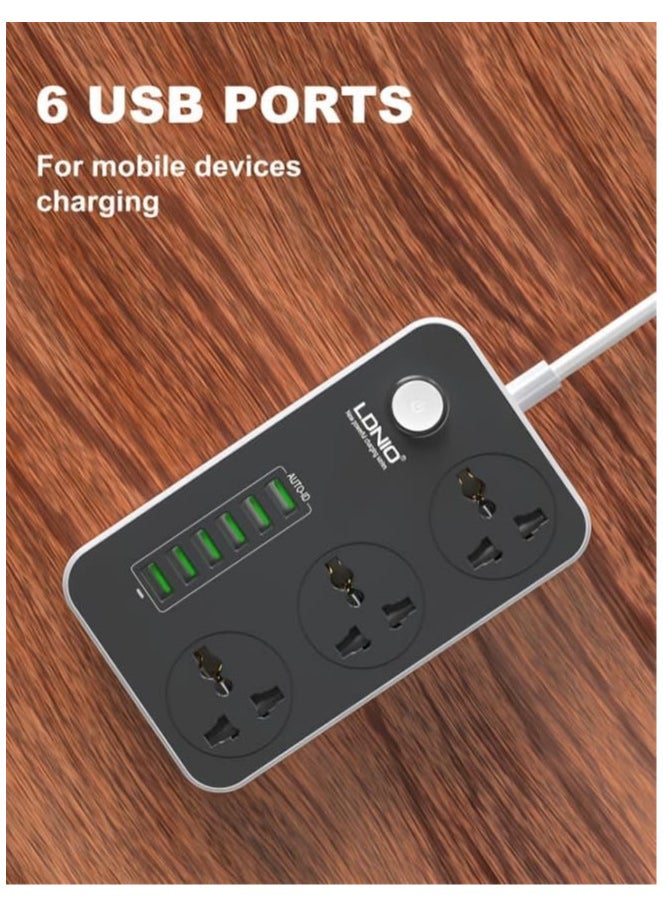LDNIO - LDNIO SC3604 Power Strip with 3 Sockets & 6 USB Ports 9 Socket Extension Boards  (Black, 2 m, With USB Port) - Image 1