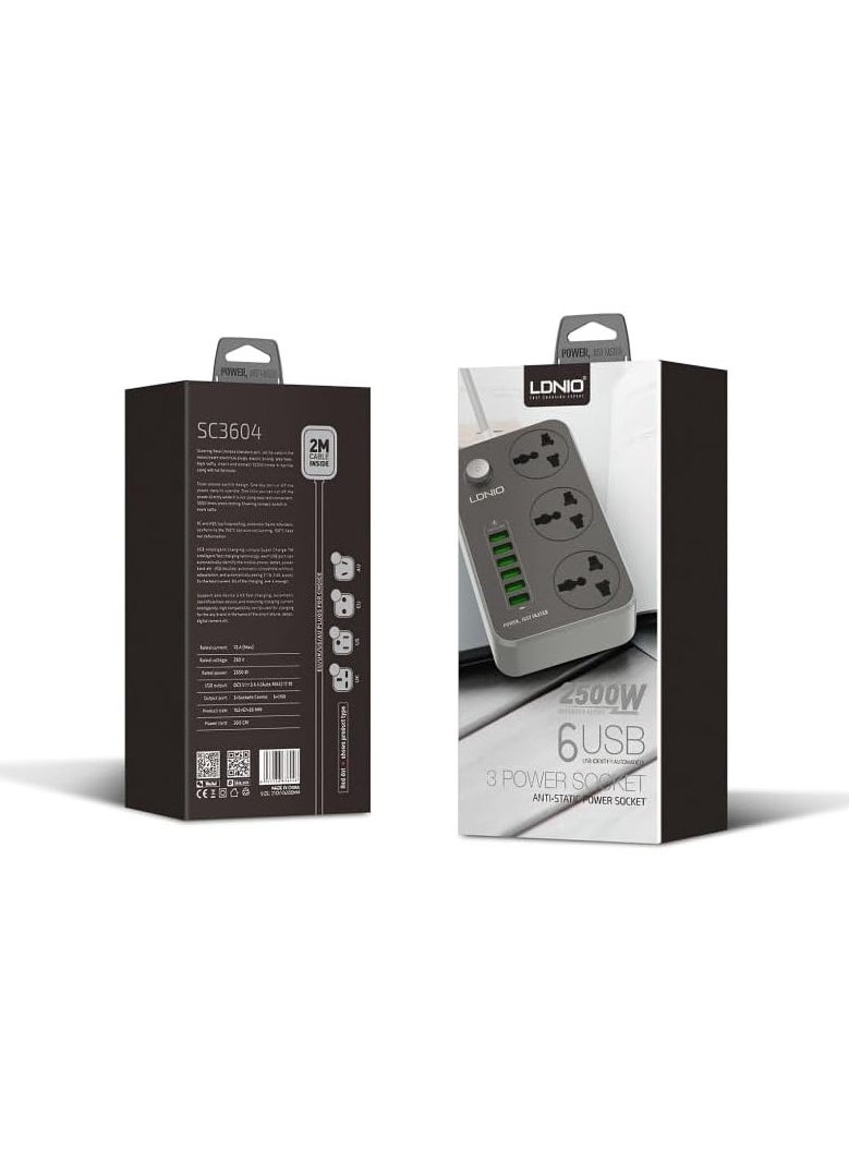 LDNIO - LDNIO SC3604 Power Strip with 3 Sockets & 6 USB Ports 9 Socket Extension Boards  (Black, 2 m, With USB Port) - Image 1
