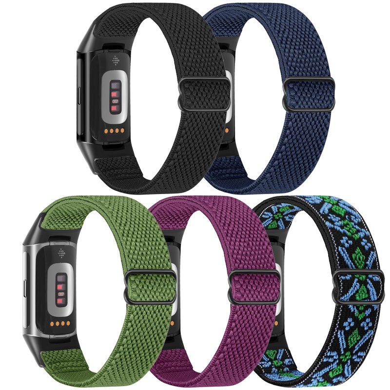 Bcuckood 5 Pack Elastic Nylon Watch Bands Compatible for Fitbit Charge 6/Fitbit Charge 5, Adjustable Breathable Replacement Stretchy Nylon Loop Wristband Sport Strap for Women Men - Image 2
