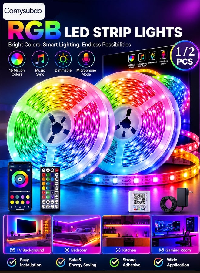 كوميسوباو أضواء LED بطول 5 أمتار، أضواء LED لشاشات التلفزيون RGB من 32 إلى 60 بوصة، إضاءة خلفية، مزامنة الموسيقى، تحكم عبر البلوتوث، تطبيق، وجهاز تحكم عن بعد، تعمل بمنفذ USB، مناسبة لغرف النوم والمعيشة وإضاءة خلفية التلفزيون - Image 1