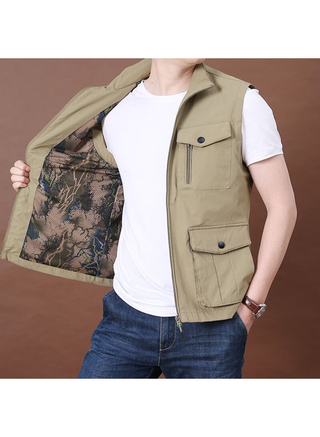 Vancamel Men's Vest, Outdoor Casual Multi-pocket Sleeveless Waistcoat, Quick-dry Loose Workwear Jacket, Khaki, XL - Image 2