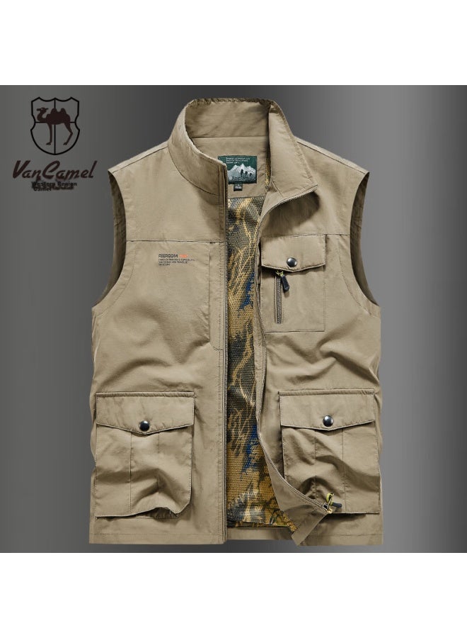 Vancamel Men's Vest, Outdoor Casual Multi-pocket Sleeveless Waistcoat, Quick-dry Loose Workwear Jacket, Khaki, XL - Image 1