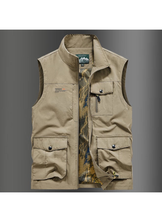 Vancamel Men's Vest, Outdoor Casual Multi-pocket Sleeveless Waistcoat, Quick-dry Loose Workwear Jacket, Khaki, XL - Image 4