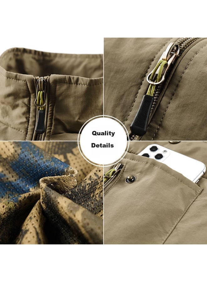 Vancamel Men's Vest, Outdoor Casual Multi-pocket Sleeveless Waistcoat, Quick-dry Loose Workwear Jacket, Khaki, XL - Image 3