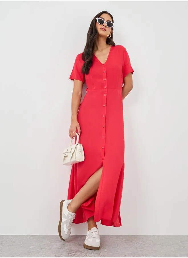 ستايلي Styli Solid Short Sleeves A-Line Maxi Dress