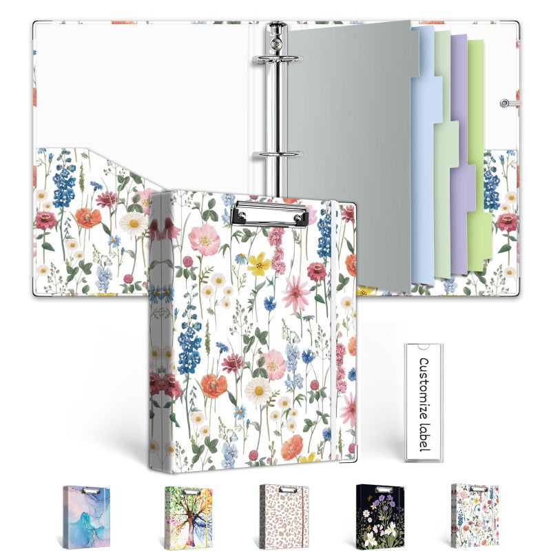 BVSSX A5 Binder 3 Ring 1 Inch for 5.5"x8.5" Paper, Cute Mini Three Ring Binders with Clipboard,5-Tab Dividers,Interior Pocket, Spine Label, BVSSX Small Binder with Pen Holder, Blue Bloom - Image 1