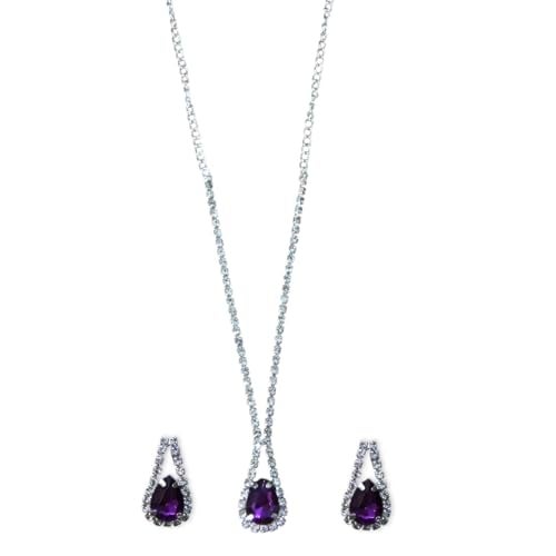 ACCESSHER Silver Tone American Diamond Studded Necklace Jewellery with Teardrop Pendant, Fashionable Necklace with Earrings Set for Women & Girls (Purple) - Image 1