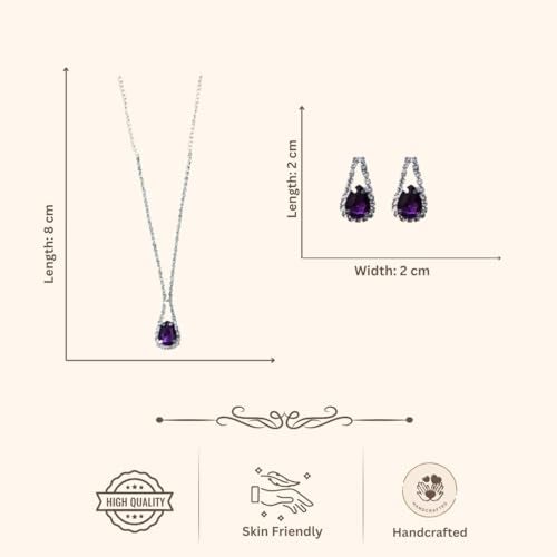 ACCESSHER Silver Tone American Diamond Studded Necklace Jewellery with Teardrop Pendant, Fashionable Necklace with Earrings Set for Women & Girls (Purple) - Image 5