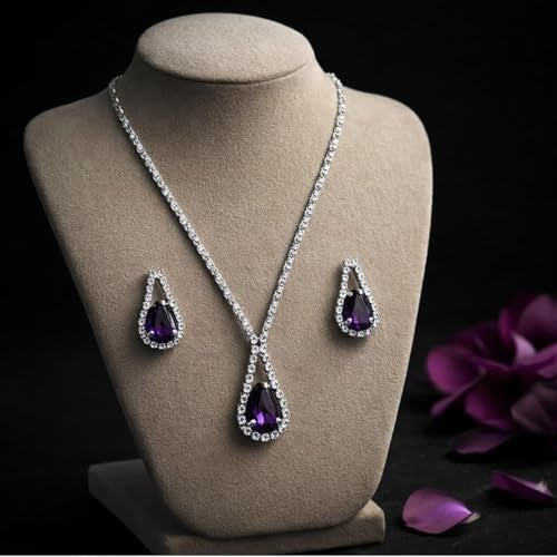 ACCESSHER Silver Tone American Diamond Studded Necklace Jewellery with Teardrop Pendant, Fashionable Necklace with Earrings Set for Women & Girls (Purple) - Image 3