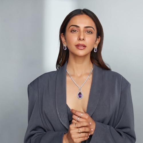 ACCESSHER Silver Tone American Diamond Studded Necklace Jewellery with Teardrop Pendant, Fashionable Necklace with Earrings Set for Women & Girls (Purple) - Image 2