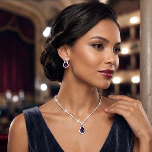 ACCESSHER Silver Tone American Diamond Studded Necklace Jewellery with Teardrop Pendant, Fashionable Necklace with Earrings Set for Women & Girls (Purple) - Image 4