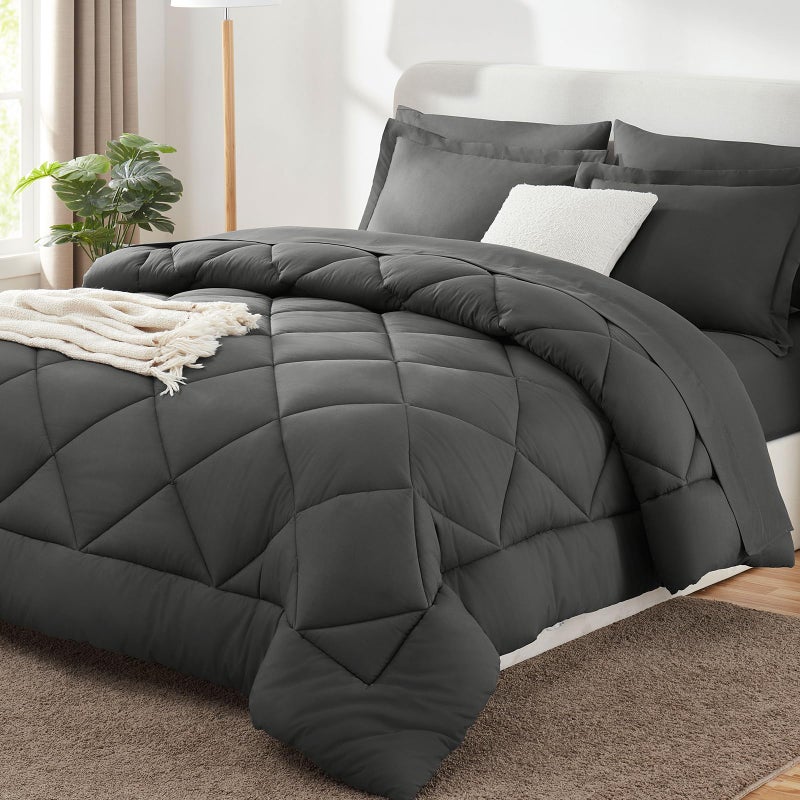 CozyLux King Size Comforter Set Dark Grey - 7 Pieces Bed in a Bag King, Luxury Soft Bed Set for All Seasons, Bedding Set with Down Alternative Comforter, Sheets, Pillowcases & Shams - Image 1