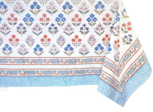 ATOSII Flora Bloom 100 Cotton Rectangle Summer Tablecloth Block Print Floral Table Cloth for Dining Parties Wedding Outdoors I Grand Millennial Home Decor 60 X 90 Inches I 6 Seater I Memorial Day