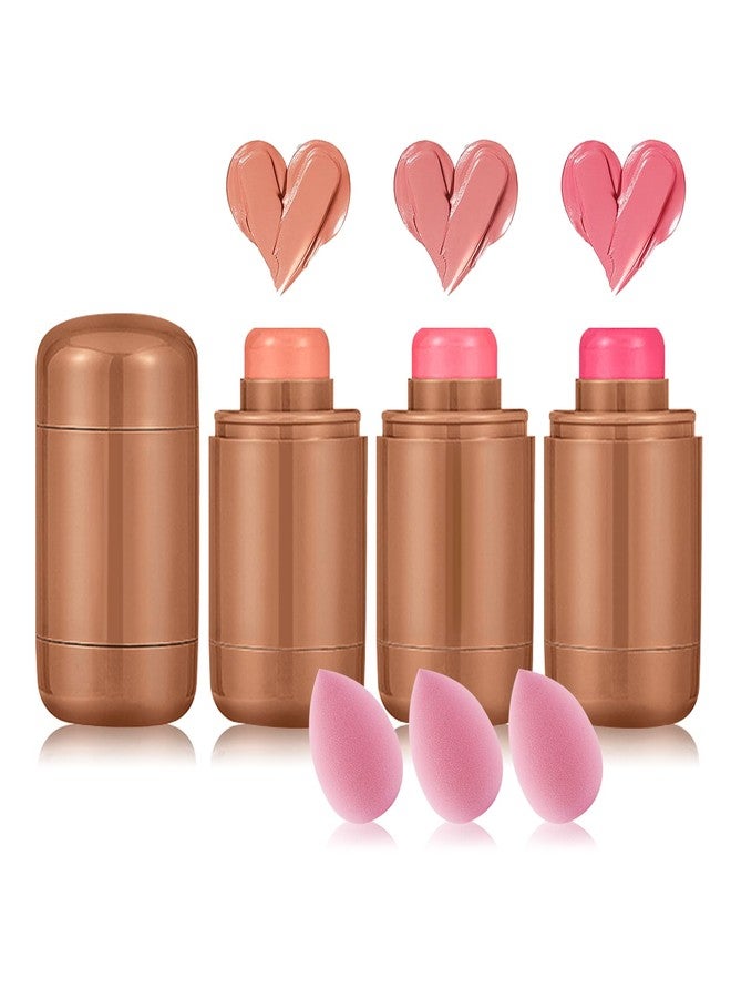XMXueMei 3 Colors Blush Stick with Makeup Sponges,Matte Solid Cream Blush,Multi-Use Blush Stick for Cheeks,Lips and Eye,High Pigmented Makeup Sticks Set A1 - Image 1