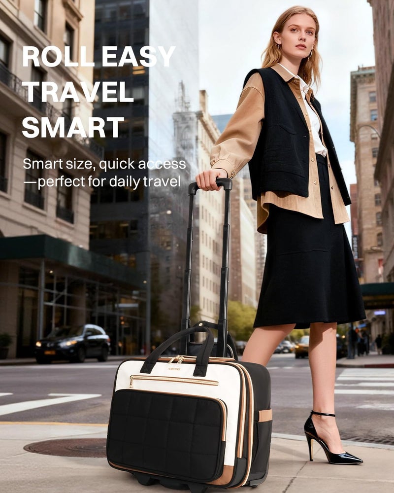 AUROTIER Rolling Puffer Laptop Bag, Rolling Briefcase for Women, Wheeled 16 Inch Computer Bag, Water Resistant Stylish Overnight Underseat Carry On Luggage with Wheels for Work Travel Business, Beige Brown - Image 2