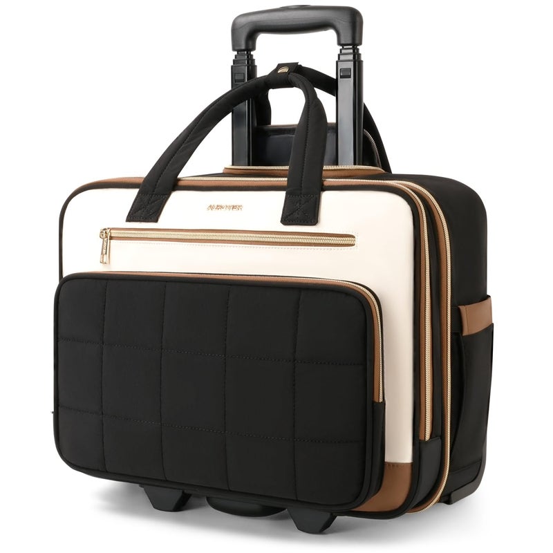 AUROTIER Rolling Puffer Laptop Bag, Rolling Briefcase for Women, Wheeled 16 Inch Computer Bag, Water Resistant Stylish Overnight Underseat Carry On Luggage with Wheels for Work Travel Business, Beige Brown - Image 1