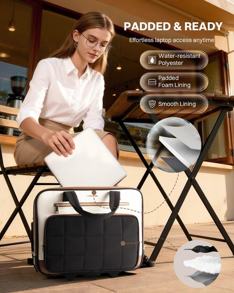 AUROTIER Rolling Puffer Laptop Bag, Rolling Briefcase for Women, Wheeled 16 Inch Computer Bag, Water Resistant Stylish Overnight Underseat Carry On Luggage with Wheels for Work Travel Business, Beige Brown - Image 4