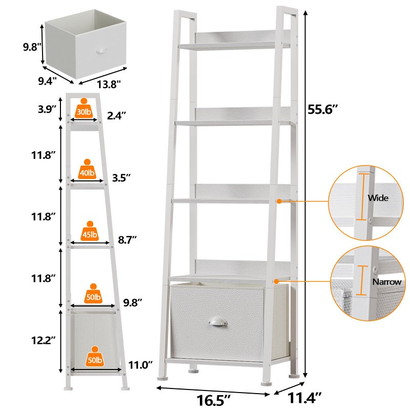 Furologee 5-Tier White Ladder Shelf, Ladder Bookshelf with Removable Drawer, Mordern Bookcase Storage Rack Organizer, Wood Metal Freestanding Storage Shelves for Living Room, Home Office, Bedroom - Image 3