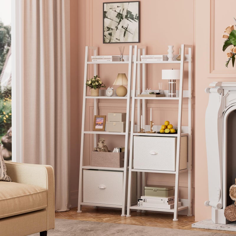 Furologee 5-Tier White Ladder Shelf, Ladder Bookshelf with Removable Drawer, Mordern Bookcase Storage Rack Organizer, Wood Metal Freestanding Storage Shelves for Living Room, Home Office, Bedroom - Image 5