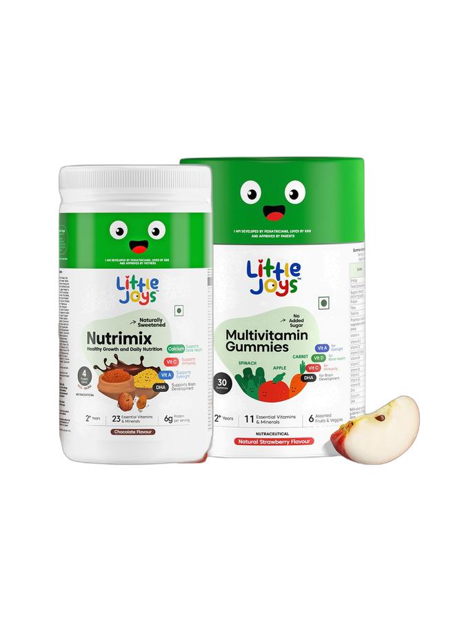 Little Joys Nutrimix Nutrition Powder Chocolate Flavor 400 Grams Health And Nutrition Drink 2+ Years With Goodness Of- Millets, Jaggery, Dates, Almond, Walnuts And Oats 400g (Chocolate Flavor,  2+ Years) & Multivitamin Gummies- Strawberry 2 + Years  30 Day Pack Vit C, D, A And Dha No Preservatives Gluten Free 30 Day Pack (Strawberry flavour, 2 + Years)Bundle - Image 1