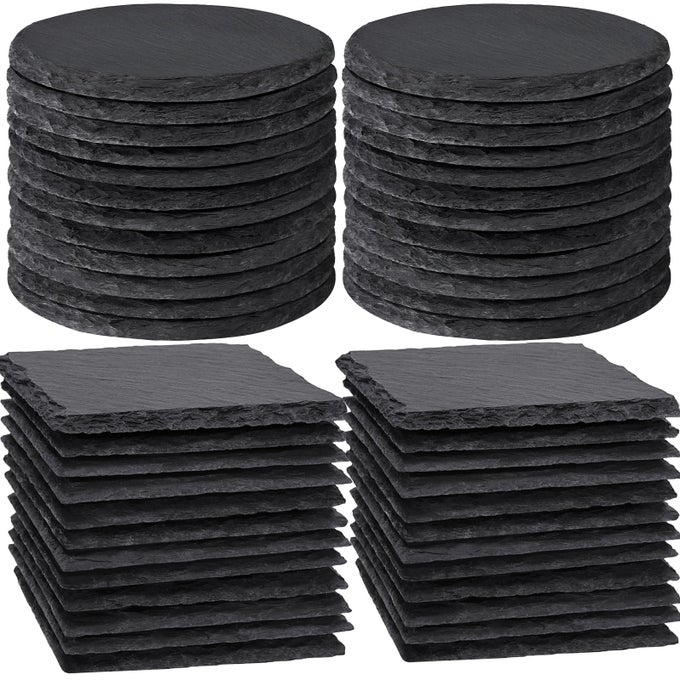 36 PCS Slate Coasters Bulk for Drinks 4 Inch 18 PCS Natural Handmade Black Stone Square 18 PCS Round Coasters for Laser Engraving Gifts Halloween Christmas Home Decor