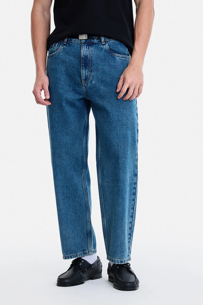 سنيتش Blue Solid Wide Leg Streetwear Jeans