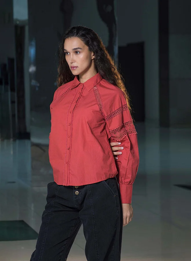 Virgio coral red VIRGIO 100% Cotton Shirt With Lace Detail Blouson Fit for Women | Best Price UAE