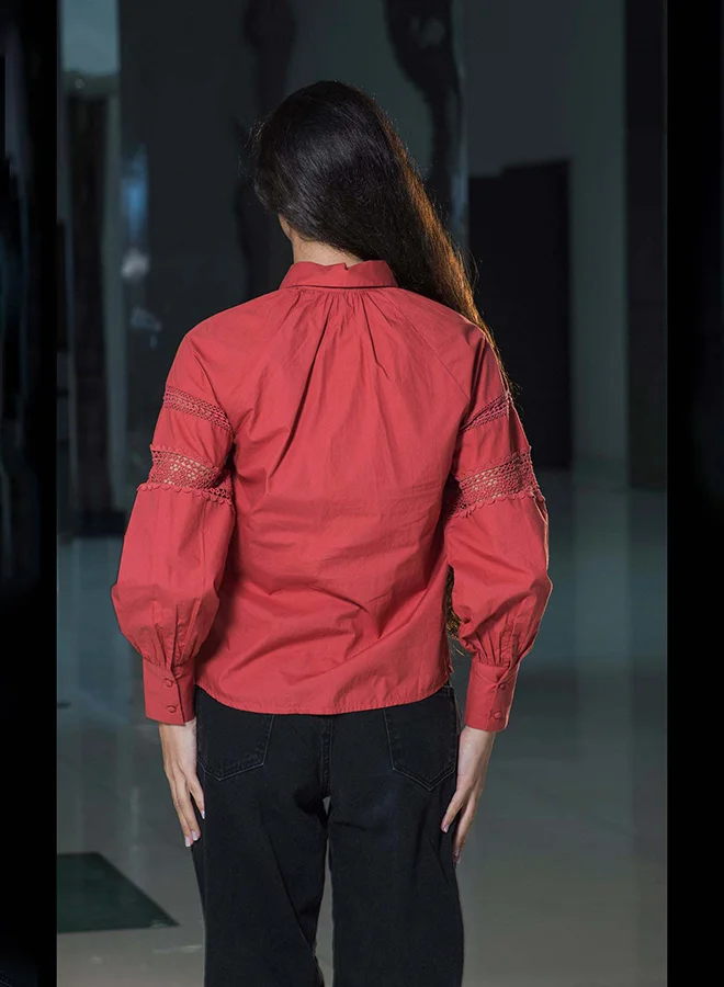 Virgio coral red VIRGIO 100% Cotton Shirt With Lace Detail Blouson Fit for Women | Best Price UAE