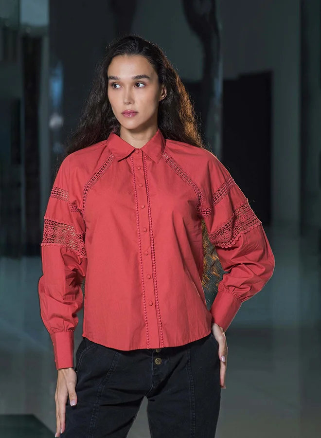 Virgio coral red VIRGIO 100% Cotton Shirt With Lace Detail Blouson Fit for Women | Best Price UAE