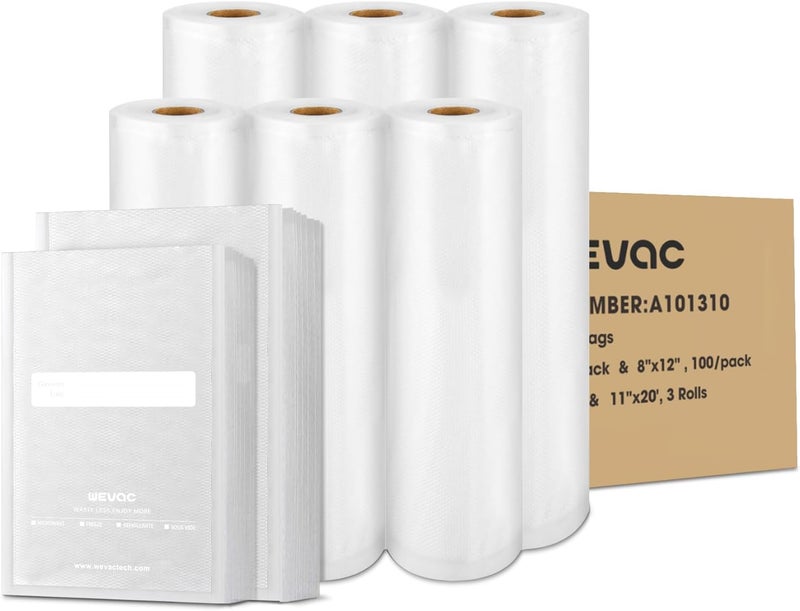 Wevac Multi-Size Sealing Solution Vacuum Sealer Bags & Rolls – 100x 6''x10'', 100x 8''x12'', 3 Rolls 11''x20', 3 Rolls 8''x20' – Premium Commercial-Grade for Food Storage, Meal Prep, & Sous Vide, - Image 1