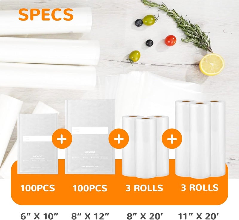 Wevac Multi-Size Sealing Solution Vacuum Sealer Bags & Rolls – 100x 6''x10'', 100x 8''x12'', 3 Rolls 11''x20', 3 Rolls 8''x20' – Premium Commercial-Grade for Food Storage, Meal Prep, & Sous Vide, - Image 2