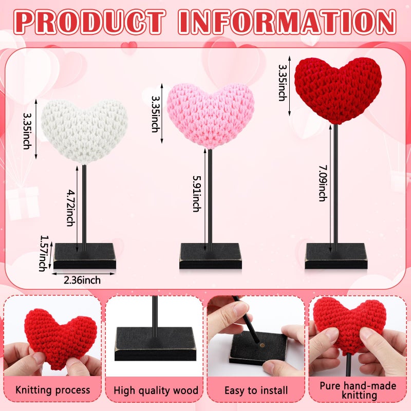 Yousoontic 3 Pack Valentine's Day Table Decor Crochet Heart Sign Centerpiece Knitted Woven Heart Shape Tall Standing Tabletop Sign for Valentines Tiered Tray Home Wedding Decoration(Multicolor) - Image 3