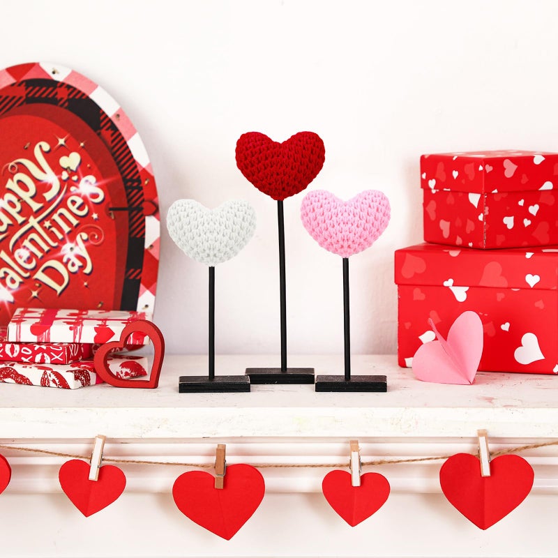 Yousoontic 3 Pack Valentine's Day Table Decor Crochet Heart Sign Centerpiece Knitted Woven Heart Shape Tall Standing Tabletop Sign for Valentines Tiered Tray Home Wedding Decoration(Multicolor) - Image 2