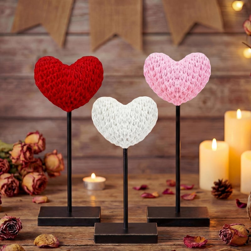 Yousoontic 3 Pack Valentine's Day Table Decor Crochet Heart Sign Centerpiece Knitted Woven Heart Shape Tall Standing Tabletop Sign for Valentines Tiered Tray Home Wedding Decoration(Multicolor) - Image 1