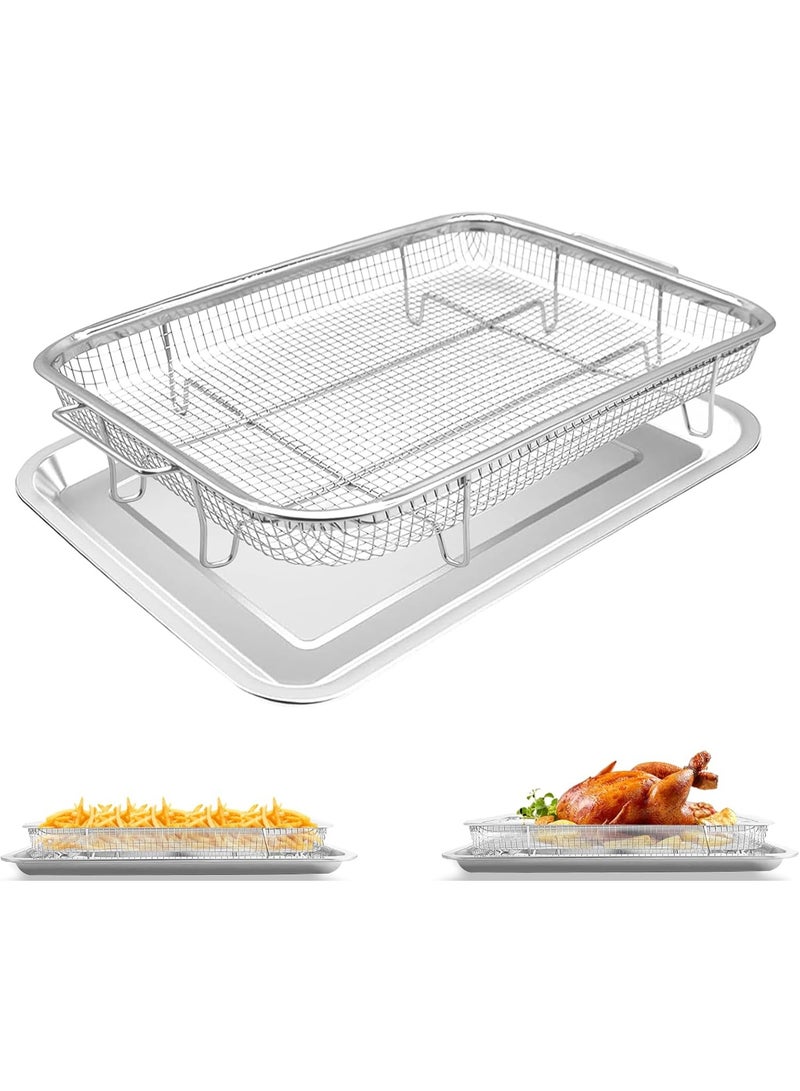 Stainless steel oven frying pan, air fryer basket, and deep fryer tray in silver - Image 1