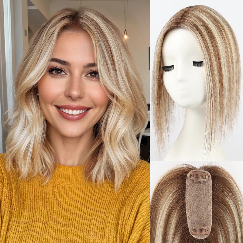 starluck Hair Toppers for Women Real Human Hair 4.5"*1.5"Silk Base ombre Blonde mix Brown HairPieces No Bangs 100% Real Human HairToppers for Women with ThinningHair Cover Gray Roots - Image 1