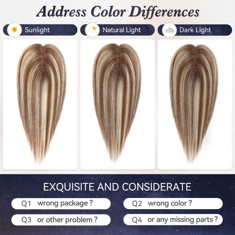 starluck Hair Toppers for Women Real Human Hair 4.5"*1.5"Silk Base ombre Blonde mix Brown HairPieces No Bangs 100% Real Human HairToppers for Women with ThinningHair Cover Gray Roots - Image 4
