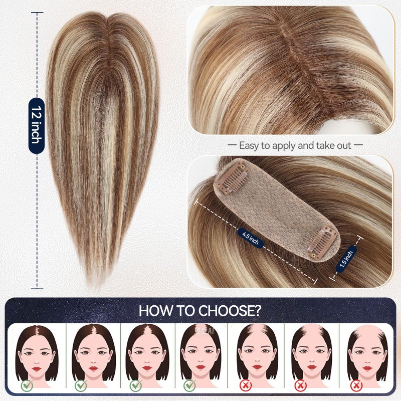 starluck Hair Toppers for Women Real Human Hair 4.5"*1.5"Silk Base ombre Blonde mix Brown HairPieces No Bangs 100% Real Human HairToppers for Women with ThinningHair Cover Gray Roots - Image 2