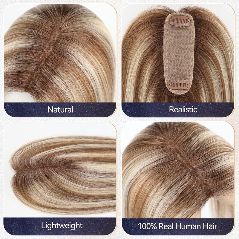 starluck Hair Toppers for Women Real Human Hair 4.5"*1.5"Silk Base ombre Blonde mix Brown HairPieces No Bangs 100% Real Human HairToppers for Women with ThinningHair Cover Gray Roots - Image 5