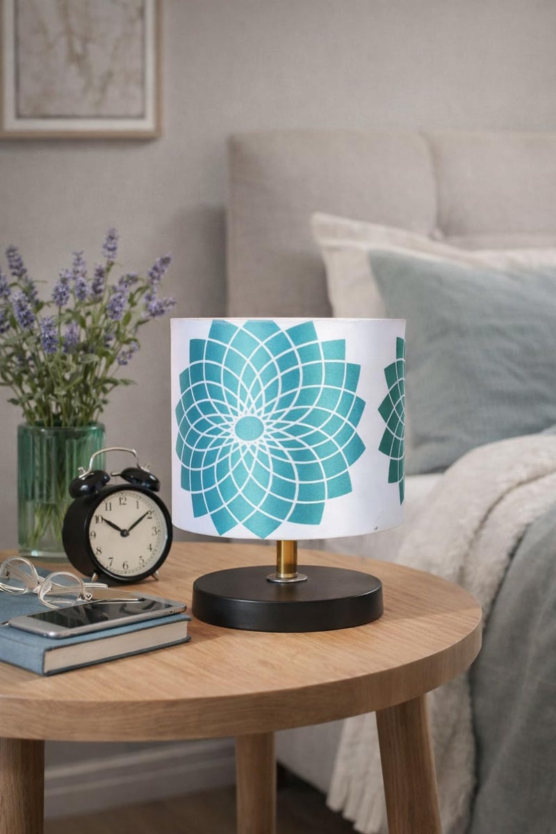 tu casa Metal Base Circular Table Lamp | Dahlia Floral Print Satin Shade | Bedside & Study Lamp for Bedroom Living Room Office | Home Décor & Gifting | H-9 Inch (Bulb Not Included) - Image 2