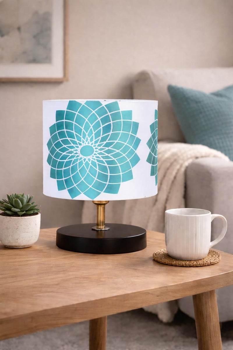 tu casa Metal Base Circular Table Lamp | Dahlia Floral Print Satin Shade | Bedside & Study Lamp for Bedroom Living Room Office | Home Décor & Gifting | H-9 Inch (Bulb Not Included) - Image 1