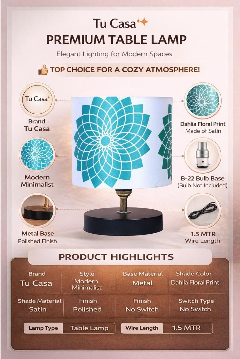tu casa Metal Base Circular Table Lamp | Dahlia Floral Print Satin Shade | Bedside & Study Lamp for Bedroom Living Room Office | Home Décor & Gifting | H-9 Inch (Bulb Not Included) - Image 3