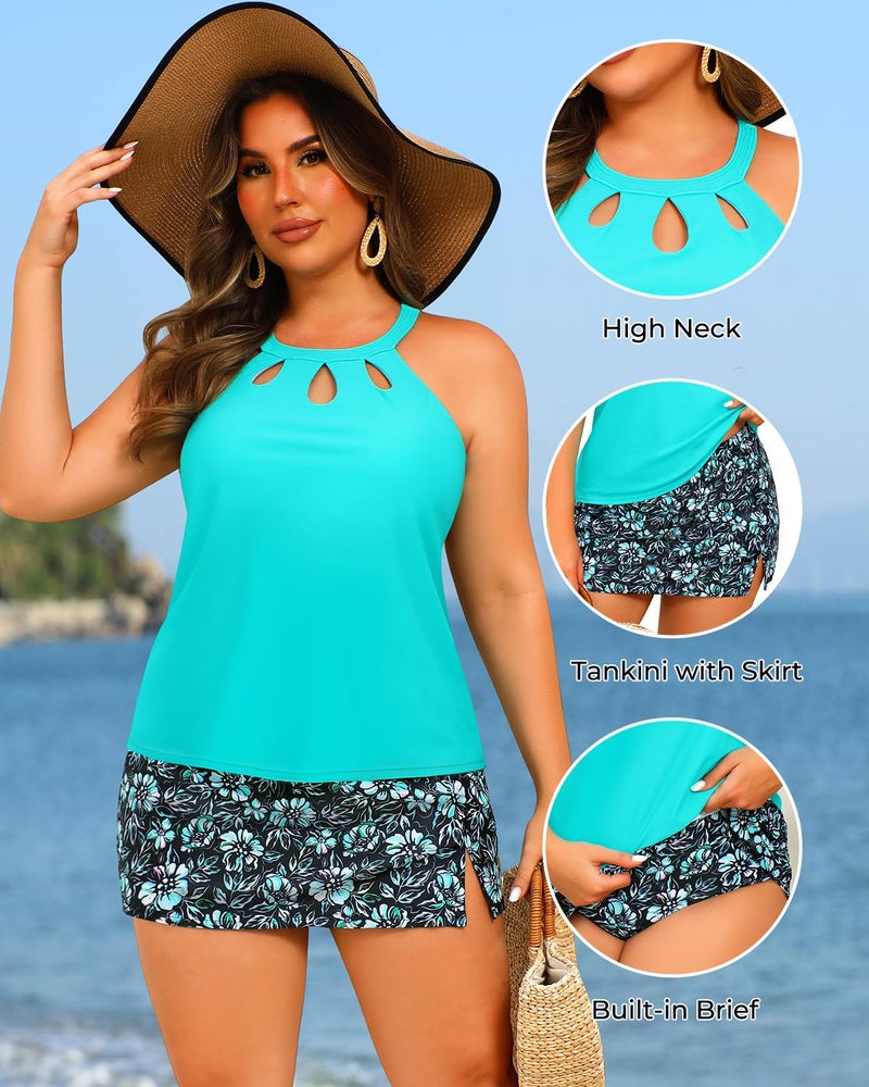 Yonique Plus Size Tankini with Skirt - Two Piece Swimsuit Tummy Control Bathing Suit High Neck Swimwear 2025 Aqua and Flower 20W - Image 4