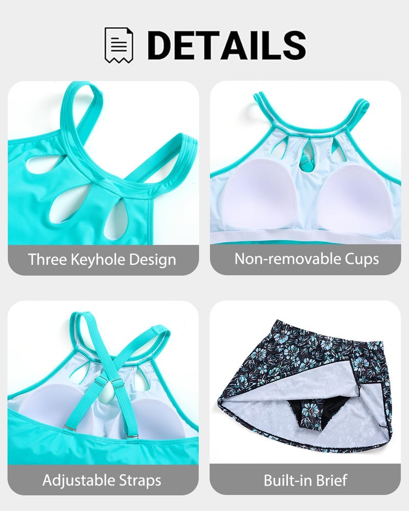 Yonique Plus Size Tankini with Skirt - Two Piece Swimsuit Tummy Control Bathing Suit High Neck Swimwear 2025 Aqua and Flower 20W - Image 5
