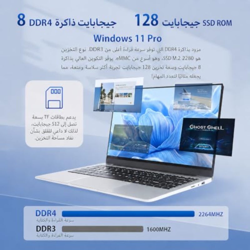 Laptop 14-inch for office use, aluminum silver body, ultra-slim design with Celeron J4105, 8GB RAM, 128GB SSD, 1080P FHD IPS display, 2.0MP camera, fast WiFi - Image 2