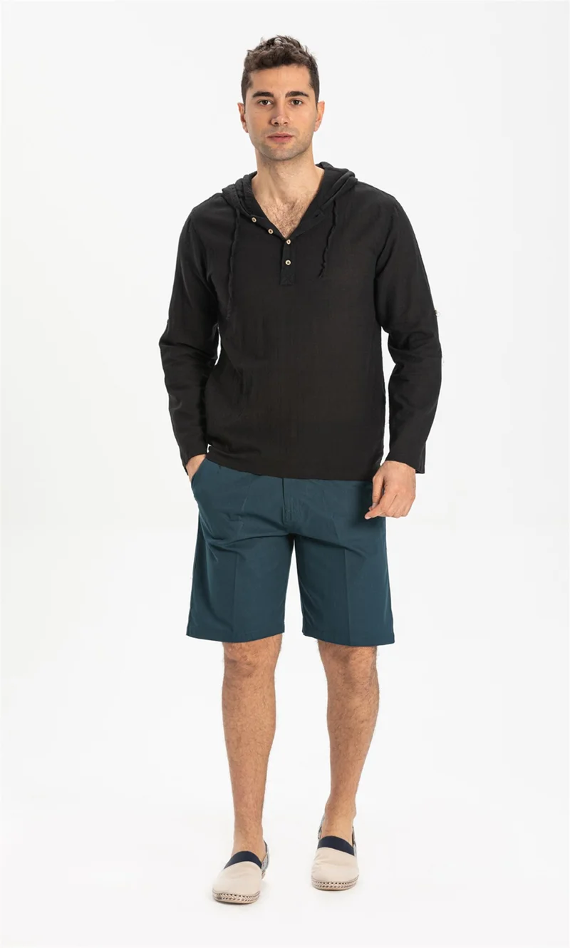 اليش شيل بيزي Şile Bezi Çift Cepli Kapüşonlu Erkek Sweatshirt Siyah Syh